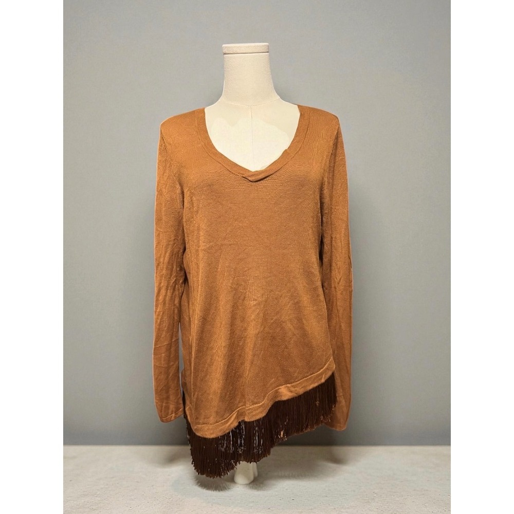 Chicos Brown‎ V Neck Long Sleeve Sweater Fringe Asymmetrical Hem Chico SZ 1 US 8